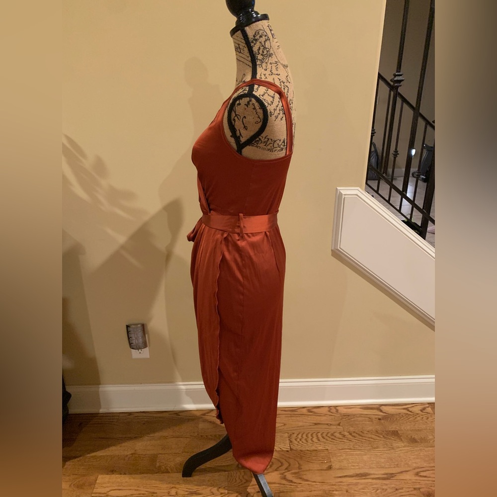 LYANER Satin V Neck Ruched Wrap Tie Waist Slit Hem Cocktail Midi Dress small - Picture 5 of 10